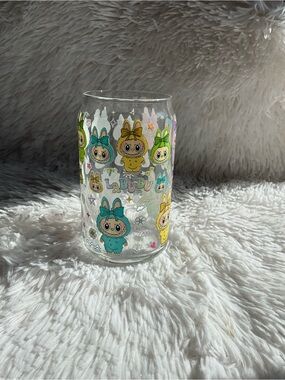 Labubu Glass Cup with Teal and Yellow Character Accents